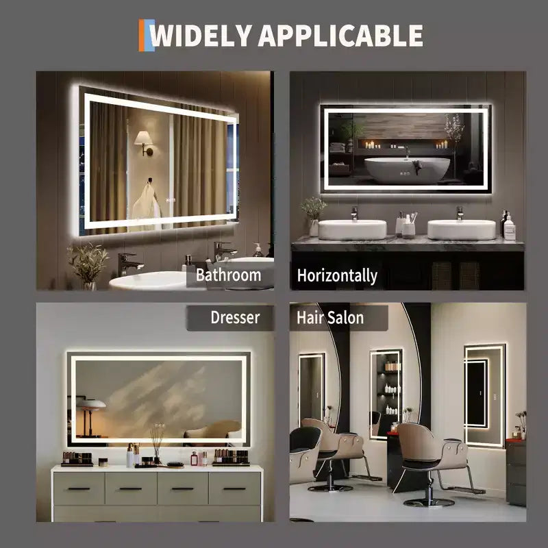 Specchio da Bagno a LED Senza Cornice con Illuminazione Frontale e Retroilluminazione, Dimmerabile Continua, Anti-Appannamento, Anti-Rottura per Parete (Orizzontale/Verticale)