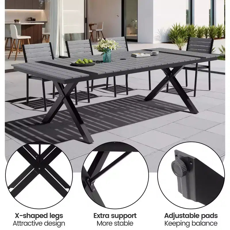 Set da Pranzo da Esterno Crestlive Products, Gambe a X Stabili con Poltrone, Tavolo Effetto Legno, Telaio in Alluminio e Foro per Ombrellone