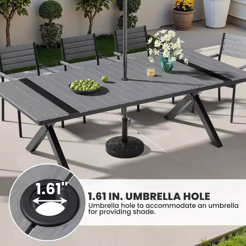 Set da Pranzo da Esterno Crestlive Products, Gambe a X Stabili con Poltrone, Tavolo Effetto Legno, Telaio in Alluminio e Foro per Ombrellone