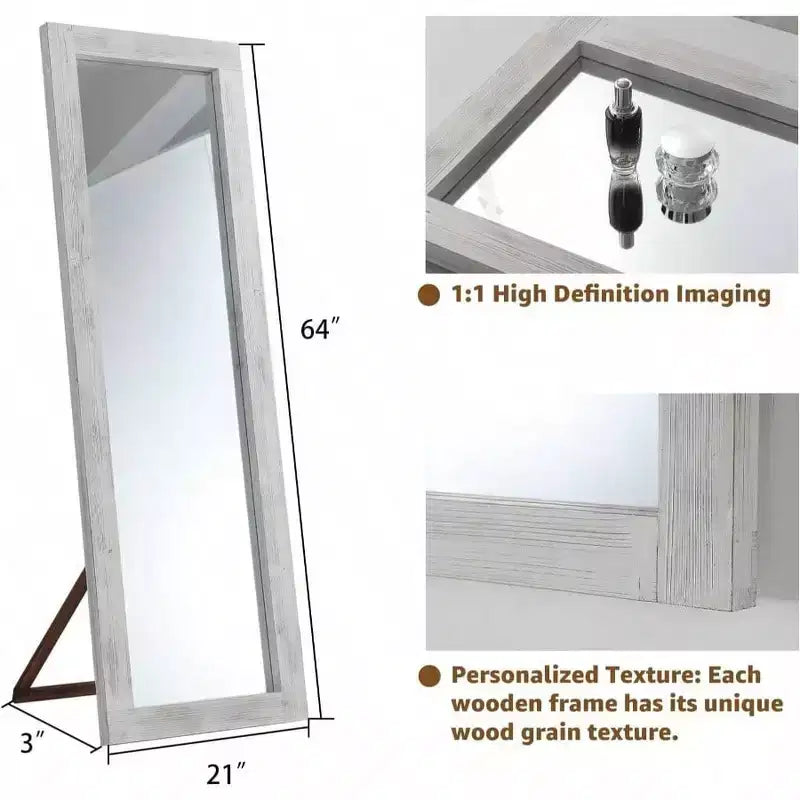 Specchio rustico a figura intera, 64x21 bianco effetto invecchiato. Cornice in legno, versatile per appoggio, inclinazione o fissaggio a parete