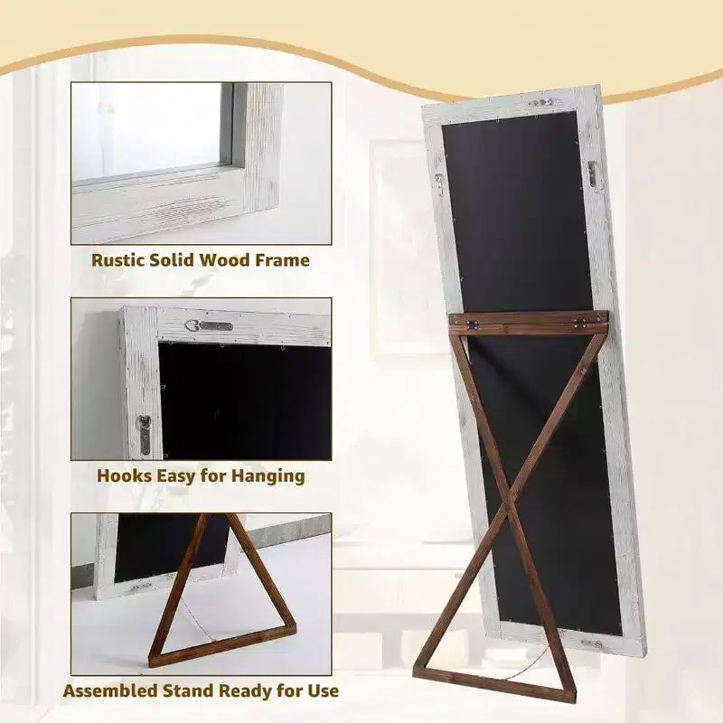 Specchio rustico a figura intera, 64x21 bianco effetto invecchiato. Cornice in legno, versatile per appoggio, inclinazione o fissaggio a parete