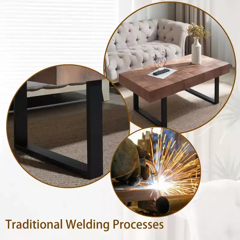 TUYOHW Tavolino rustico con gambe in metallo, tavolino artigianale da 120 cm per soggiorno, tavolino d'appoggio con piano in legno per l'arredamento di casa, marrone/nero