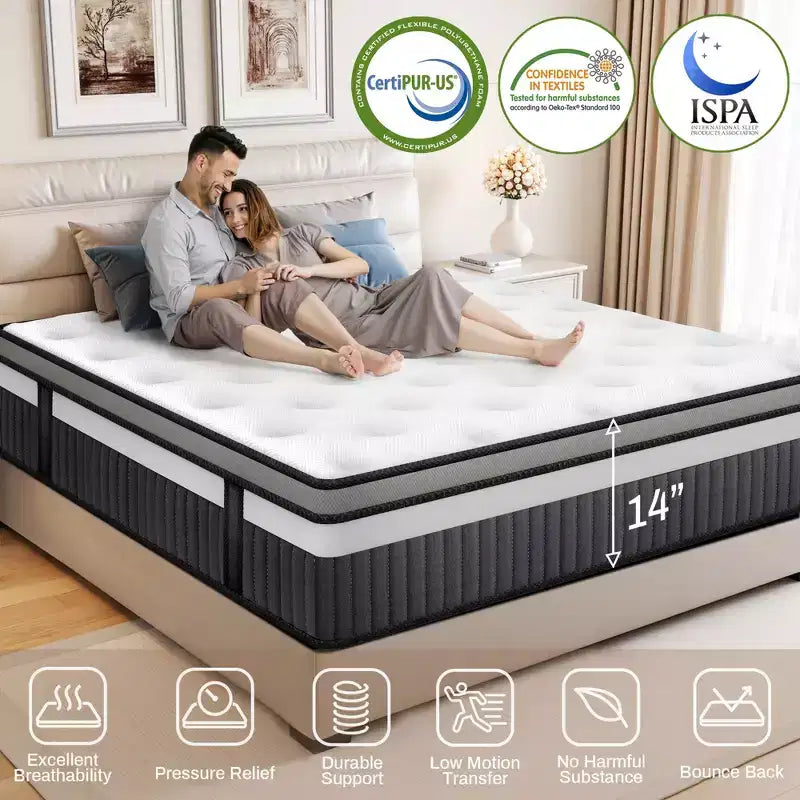 14 Cooling Relief Gel Memory Foam King Mattress, Mattress in a Box, Medium Firm, Cooling Breathable Design, Motion Isolation