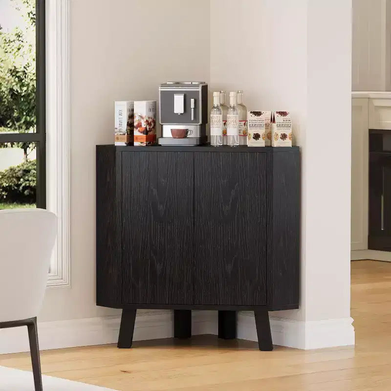 Mobiletto angolare da fattoria a 3 livelli con ripiano regolabile, tavolo angolare in legno con ante e tavolino angolare triangolare per soggiorno e cucina
