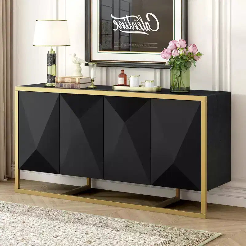 Credenza a buffet, mobile da cucina in legno con buffet per caffè, mobiletto con 4 ante e gambe in metallo uniche