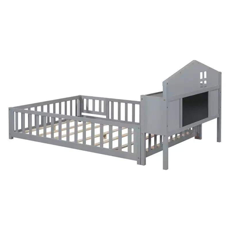 Bellemave Letto a pavimento completo Montessori con libreria e lavagna, letto a piattaforma in legno massello con sponde e testiera contenitore per bambini e ragazzi