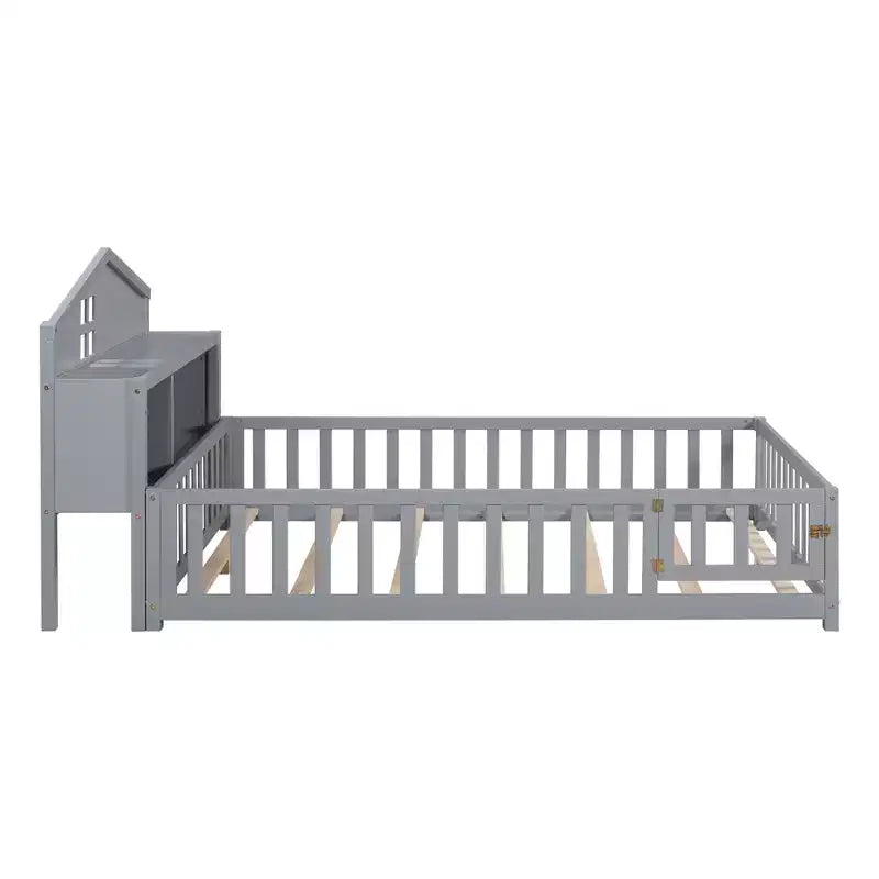 Bellemave Letto a pavimento completo Montessori con libreria e lavagna, letto a piattaforma in legno massello con sponde e testiera contenitore per bambini e ragazzi
