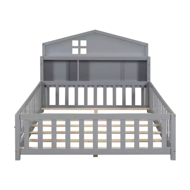 Bellemave Letto a pavimento completo Montessori con libreria e lavagna, letto a piattaforma in legno massello con sponde e testiera contenitore per bambini e ragazzi