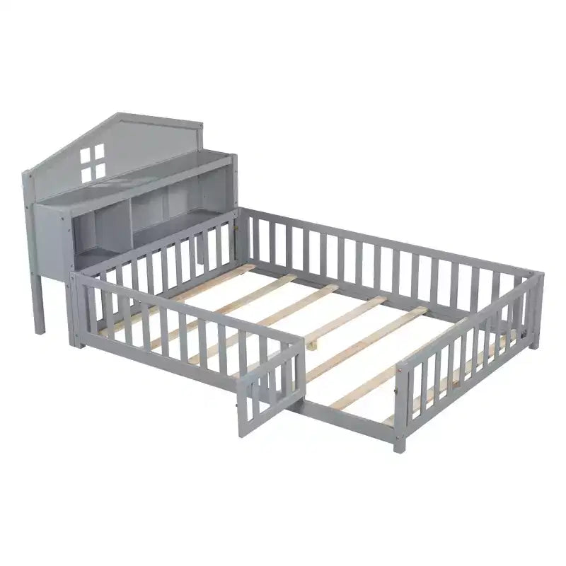 Bellemave Letto a pavimento completo Montessori con libreria e lavagna, letto a piattaforma in legno massello con sponde e testiera contenitore per bambini e ragazzi