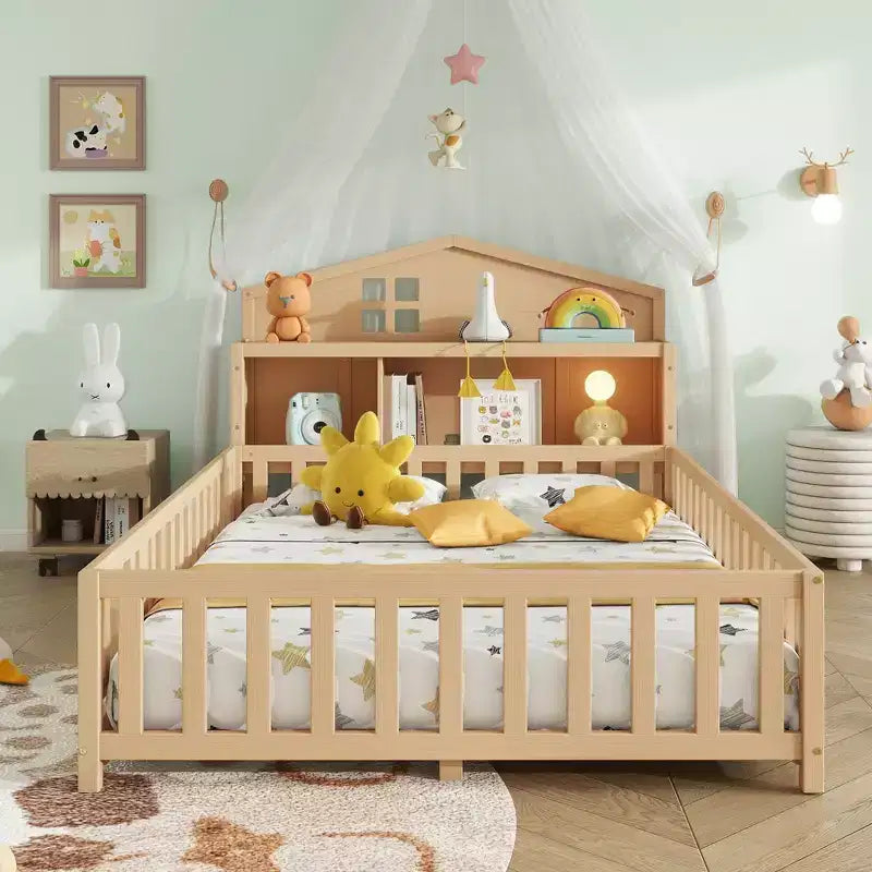 Bellemave Letto a pavimento completo Montessori con libreria e lavagna, letto a piattaforma in legno massello con sponde e testiera contenitore per bambini e ragazzi
