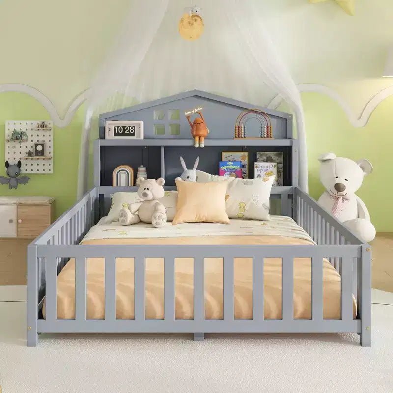 Bellemave Letto a pavimento completo Montessori con libreria e lavagna, letto a piattaforma in legno massello con sponde e testiera contenitore per bambini e ragazzi