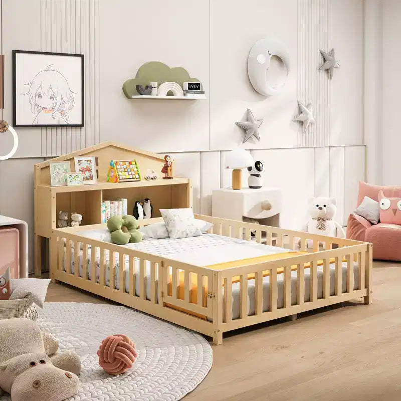 Bellemave Letto a pavimento completo Montessori con libreria e lavagna, letto a piattaforma in legno massello con sponde e testiera contenitore per bambini e ragazzi