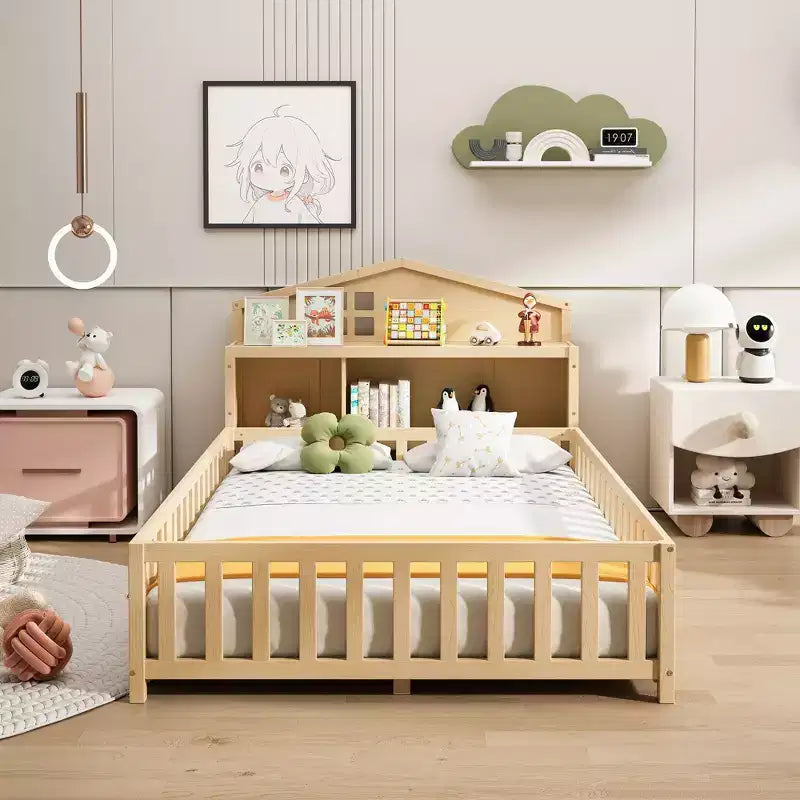 Bellemave Letto a pavimento completo Montessori con libreria e lavagna, letto a piattaforma in legno massello con sponde e testiera contenitore per bambini e ragazzi