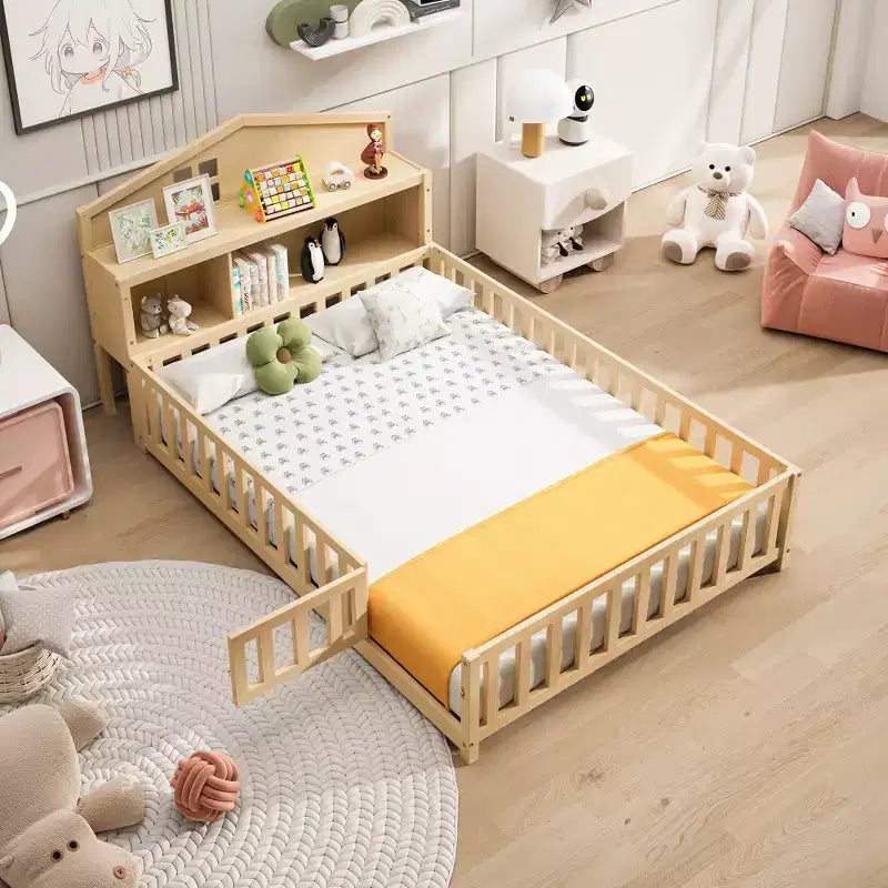 Bellemave Letto a pavimento completo Montessori con libreria e lavagna, letto a piattaforma in legno massello con sponde e testiera contenitore per bambini e ragazzi
