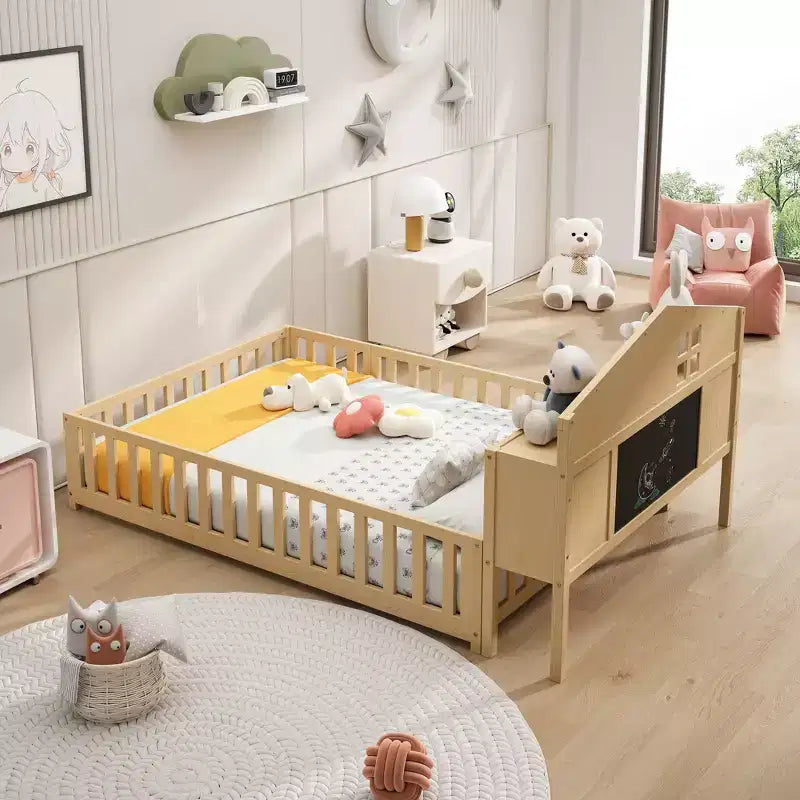 Bellemave Letto a pavimento completo Montessori con libreria e lavagna, letto a piattaforma in legno massello con sponde e testiera contenitore per bambini e ragazzi