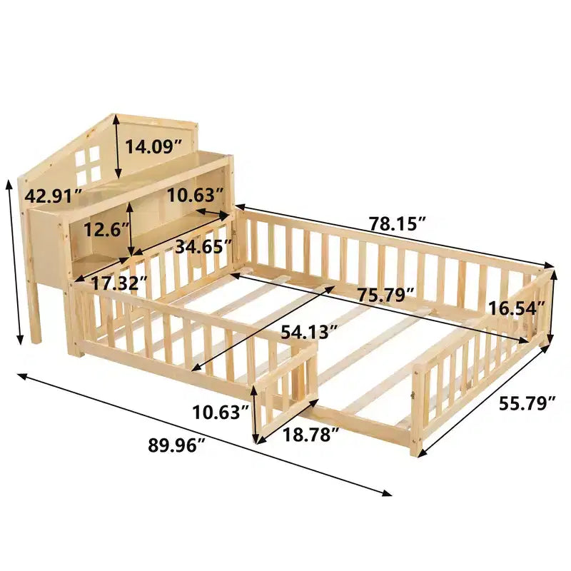 Bellemave Letto a pavimento completo Montessori con libreria e lavagna, letto a piattaforma in legno massello con sponde e testiera contenitore per bambini e ragazzi