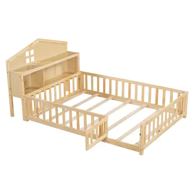 Bellemave Letto a pavimento completo Montessori con libreria e lavagna, letto a piattaforma in legno massello con sponde e testiera contenitore per bambini e ragazzi