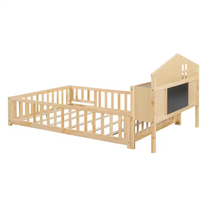 Bellemave Letto a pavimento completo Montessori con libreria e lavagna, letto a piattaforma in legno massello con sponde e testiera contenitore per bambini e ragazzi