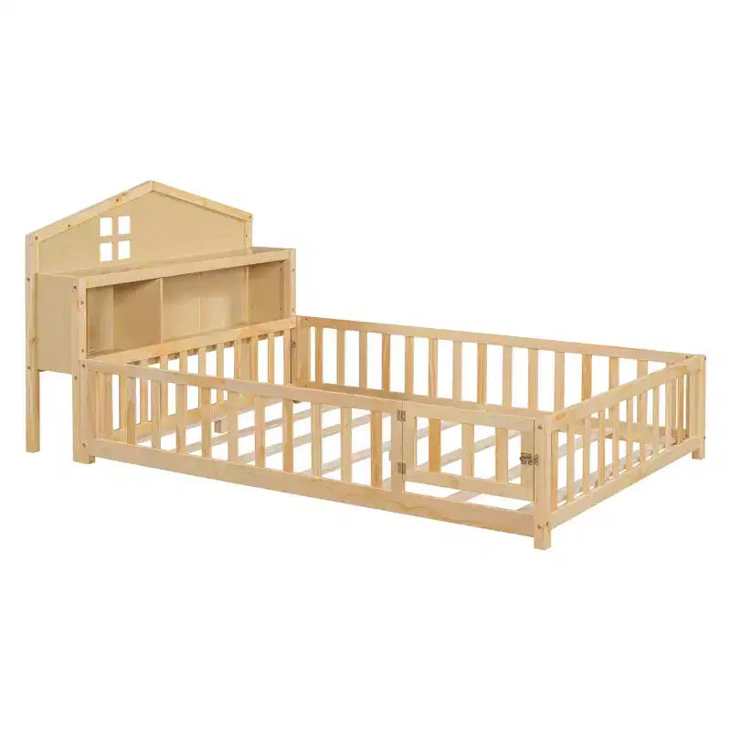 Bellemave Letto a pavimento completo Montessori con libreria e lavagna, letto a piattaforma in legno massello con sponde e testiera contenitore per bambini e ragazzi