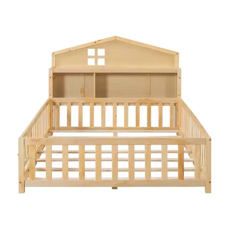 Bellemave Letto a pavimento completo Montessori con libreria e lavagna, letto a piattaforma in legno massello con sponde e testiera contenitore per bambini e ragazzi