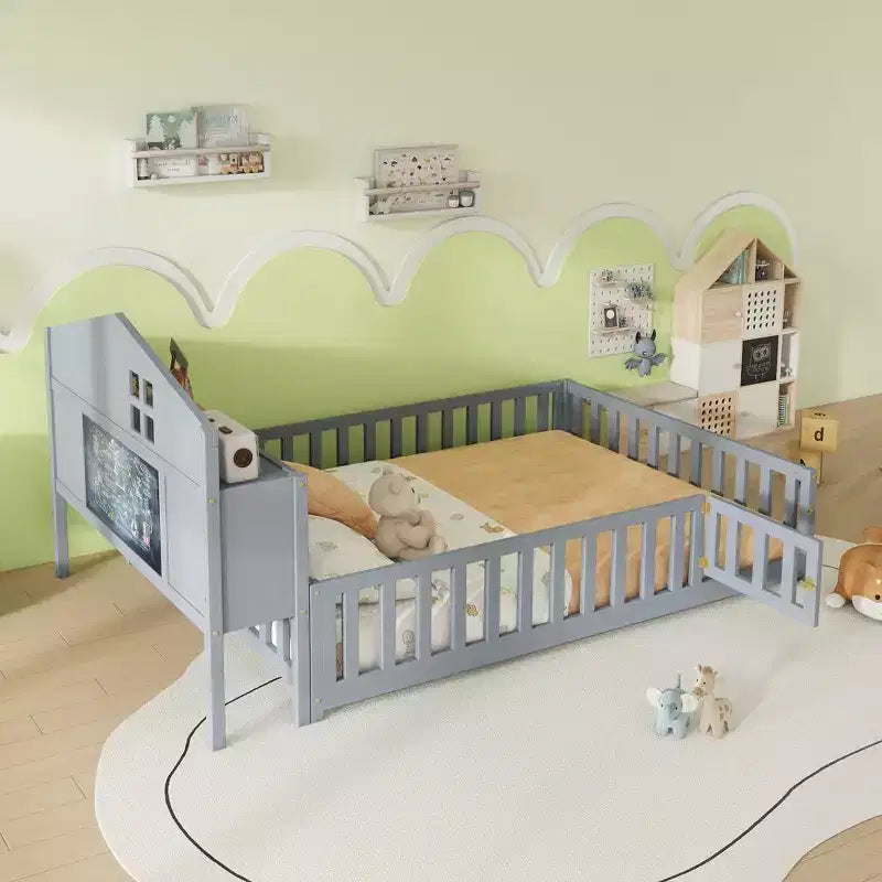 Bellemave Letto a pavimento completo Montessori con libreria e lavagna, letto a piattaforma in legno massello con sponde e testiera contenitore per bambini e ragazzi