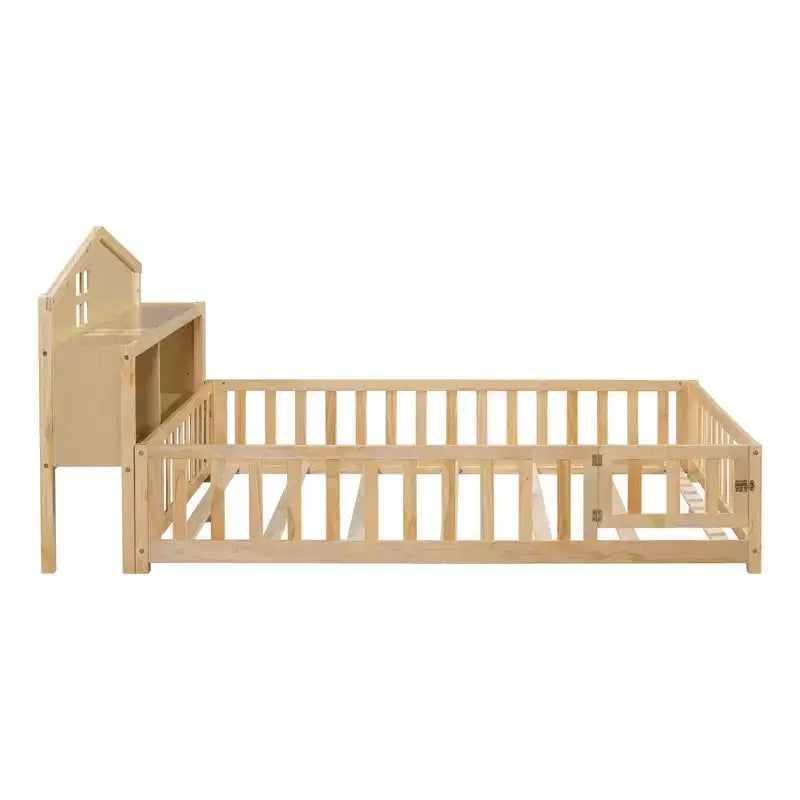 Bellemave Letto a pavimento completo Montessori con libreria e lavagna, letto a piattaforma in legno massello con sponde e testiera contenitore per bambini e ragazzi