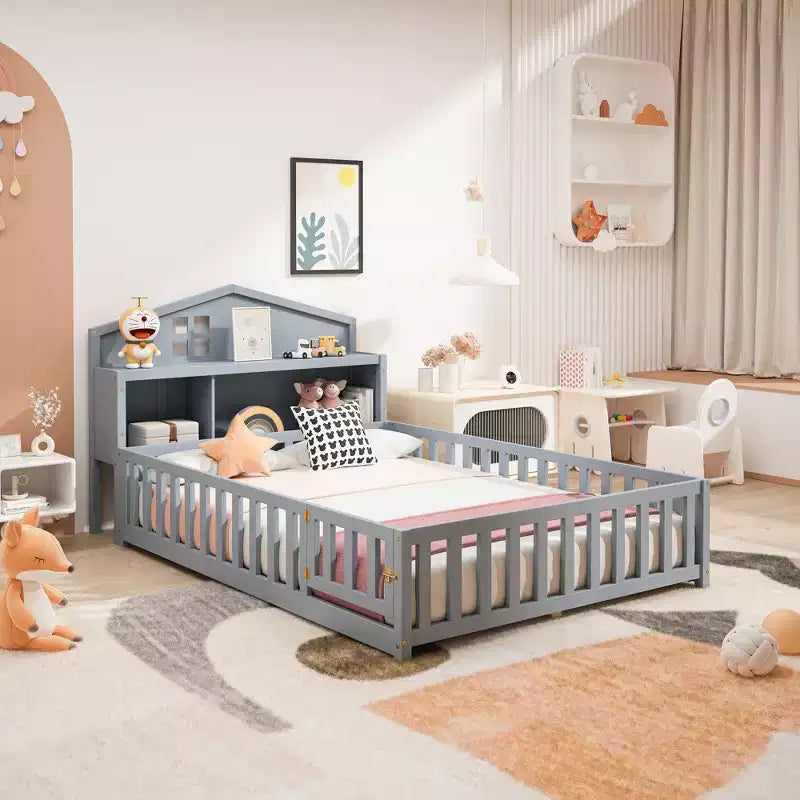 Bellemave Letto a pavimento completo Montessori con libreria e lavagna, letto a piattaforma in legno massello con sponde e testiera contenitore per bambini e ragazzi