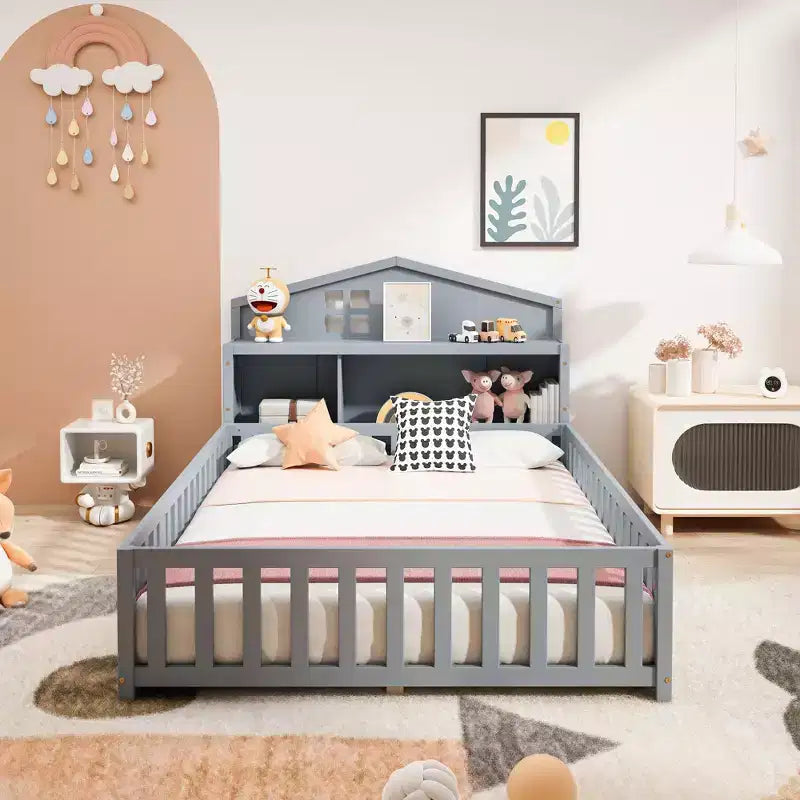 Bellemave Letto a pavimento completo Montessori con libreria e lavagna, letto a piattaforma in legno massello con sponde e testiera contenitore per bambini e ragazzi