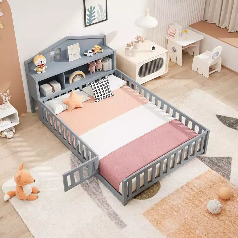 Bellemave Letto a pavimento completo Montessori con libreria e lavagna, letto a piattaforma in legno massello con sponde e testiera contenitore per bambini e ragazzi