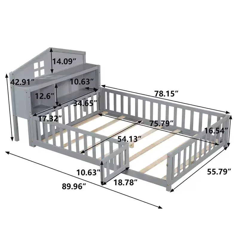 Bellemave Letto a pavimento completo Montessori con libreria e lavagna, letto a piattaforma in legno massello con sponde e testiera contenitore per bambini e ragazzi