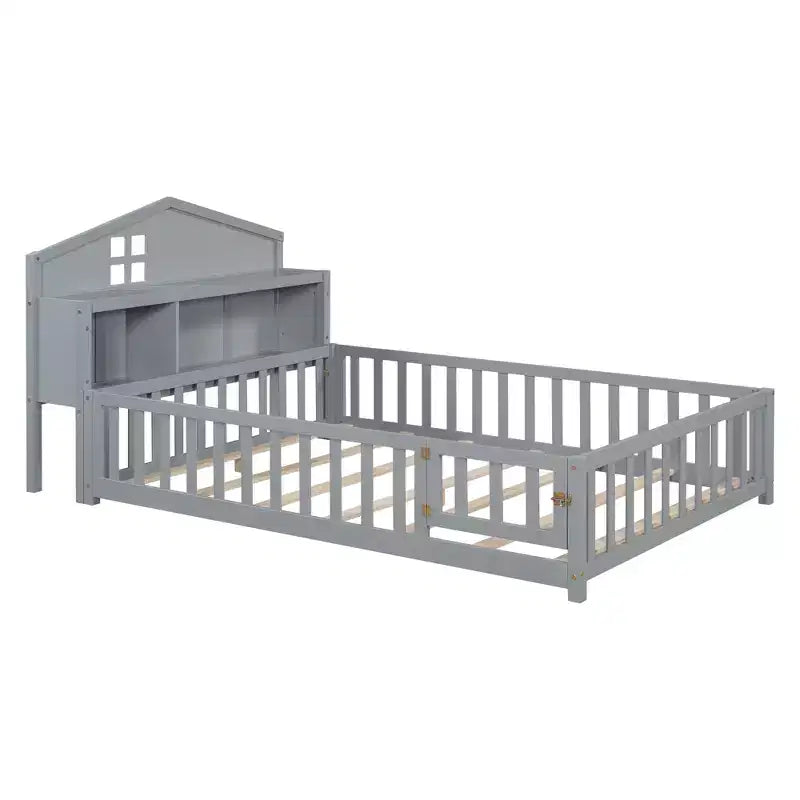 Bellemave Letto a pavimento completo Montessori con libreria e lavagna, letto a piattaforma in legno massello con sponde e testiera contenitore per bambini e ragazzi