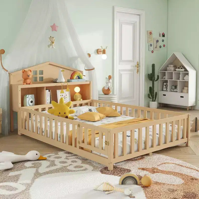 Bellemave Letto a pavimento completo Montessori con libreria e lavagna, letto a piattaforma in legno massello con sponde e testiera contenitore per bambini e ragazzi