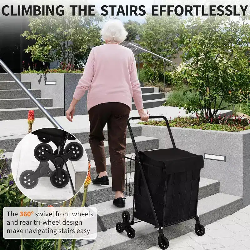 Carrello Spesa Saliscale con Fodera Impermeabile, Carrello Pieghevole con Tre Ruote Posteriori, Ruote Girevoli a 360 Gradi, Carrello per la Spesa Pieghevole Portatile