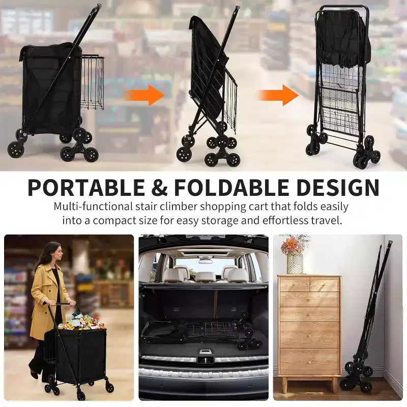 Carrello Spesa Saliscale con Fodera Impermeabile, Carrello Pieghevole con Tre Ruote Posteriori, Ruote Girevoli a 360 Gradi, Carrello per la Spesa Pieghevole Portatile