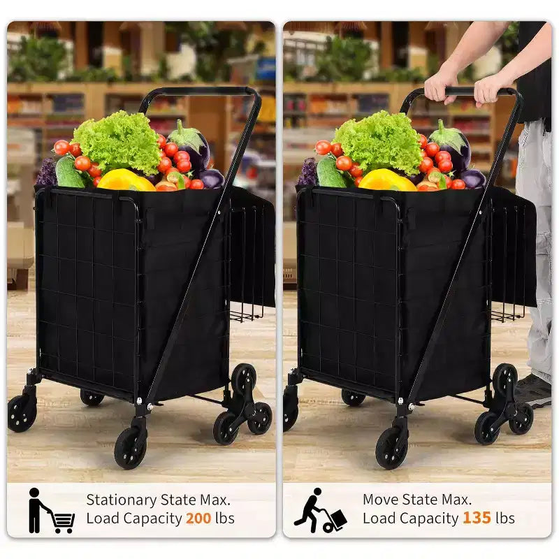 Carrello Spesa Saliscale con Fodera Impermeabile, Carrello Pieghevole con Tre Ruote Posteriori, Ruote Girevoli a 360 Gradi, Carrello per la Spesa Pieghevole Portatile