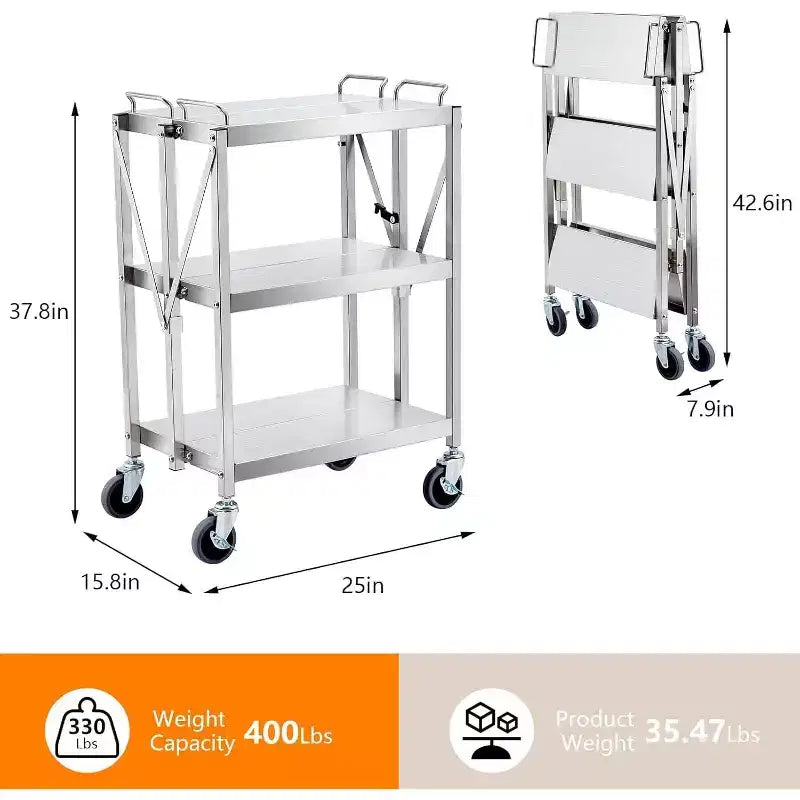 Carrello di servizio a 3 ripiani in acciaio inox, carrello di servizio pieghevole con ruote, carrello mobile per impieghi gravosi con capacità di 136 kg per cucina e officina