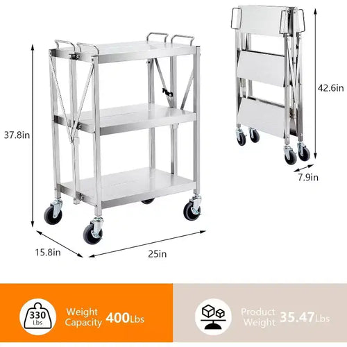 Carrello di servizio a 3 ripiani in acciaio inox, carrello di servizio pieghevole con ruote, carrello mobile per impieghi gravosi con capacità di 136 kg per cucina e officina