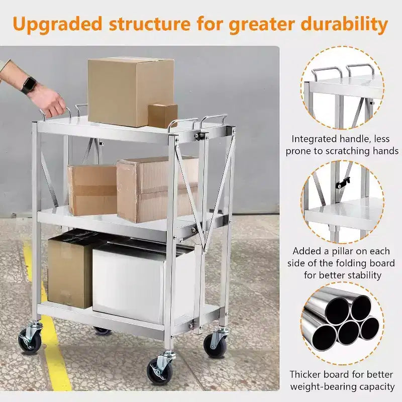 Carrello di servizio a 3 ripiani in acciaio inox, carrello di servizio pieghevole con ruote, carrello mobile per impieghi gravosi con capacità di 136 kg per cucina e officina