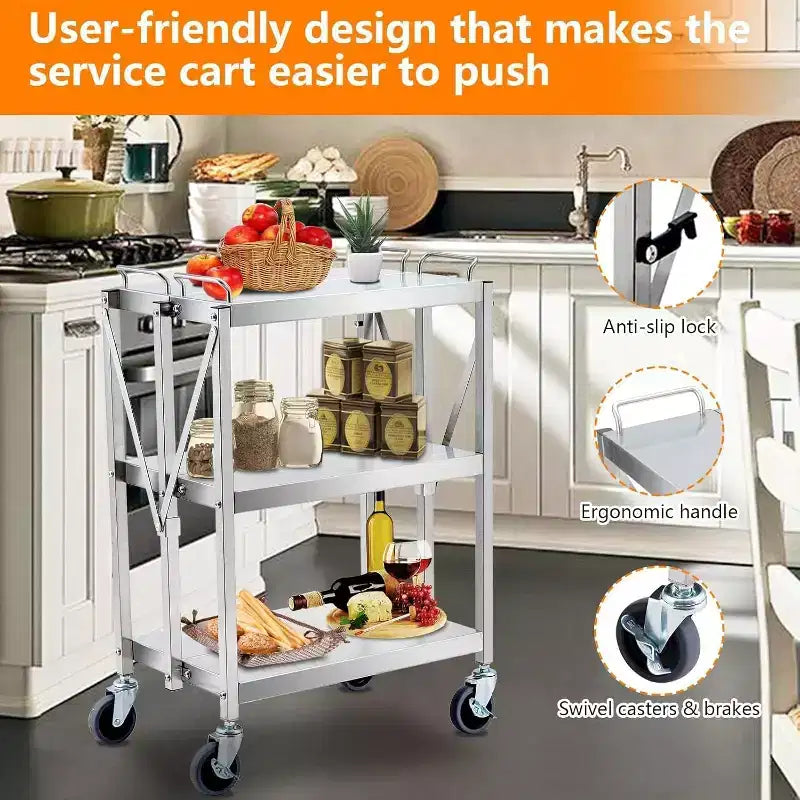 Carrello di servizio a 3 ripiani in acciaio inox, carrello di servizio pieghevole con ruote, carrello mobile per impieghi gravosi con capacità di 136 kg per cucina e officina