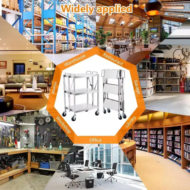 Carrello di servizio a 3 ripiani in acciaio inox, carrello di servizio pieghevole con ruote, carrello mobile per impieghi gravosi con capacità di 136 kg per cucina e officina