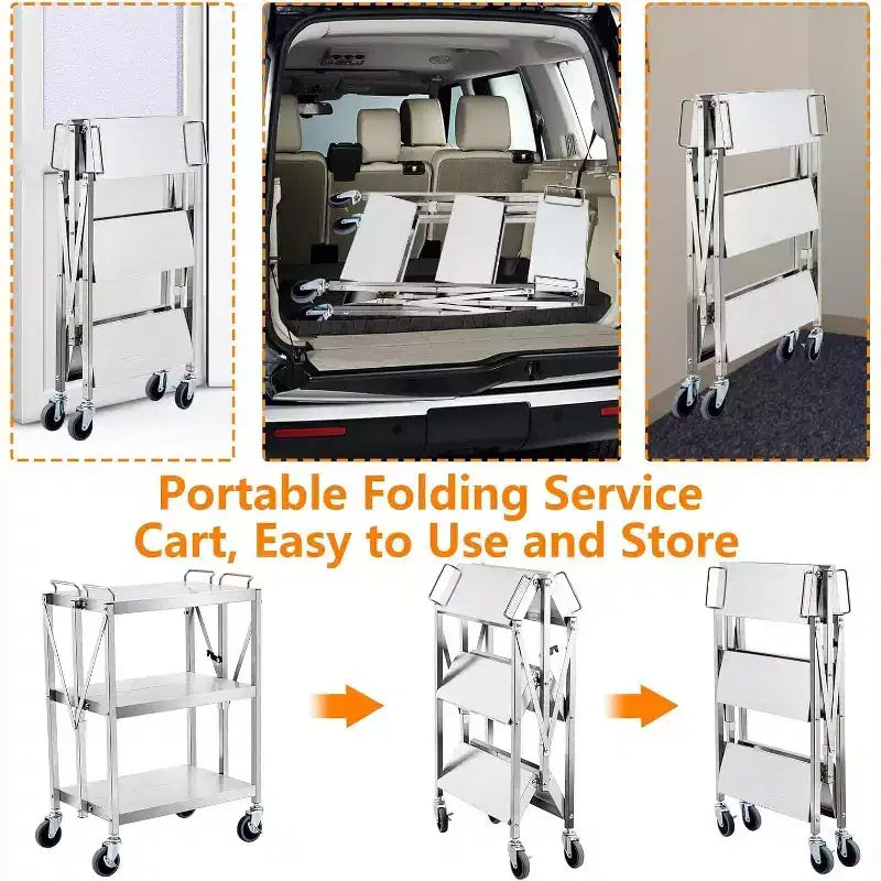 Carrello di servizio a 3 ripiani in acciaio inox, carrello di servizio pieghevole con ruote, carrello mobile per impieghi gravosi con capacità di 136 kg per cucina e officina