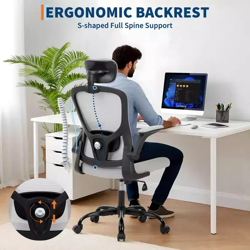 Sedia da Ufficio Ergonomica Premium in Rete Grigia - Poggiatesta Regolabile e Schienale Reclinabile, Girevole a 360° - Ruote Silenziose, Delicata sulla Pelle e Durevole