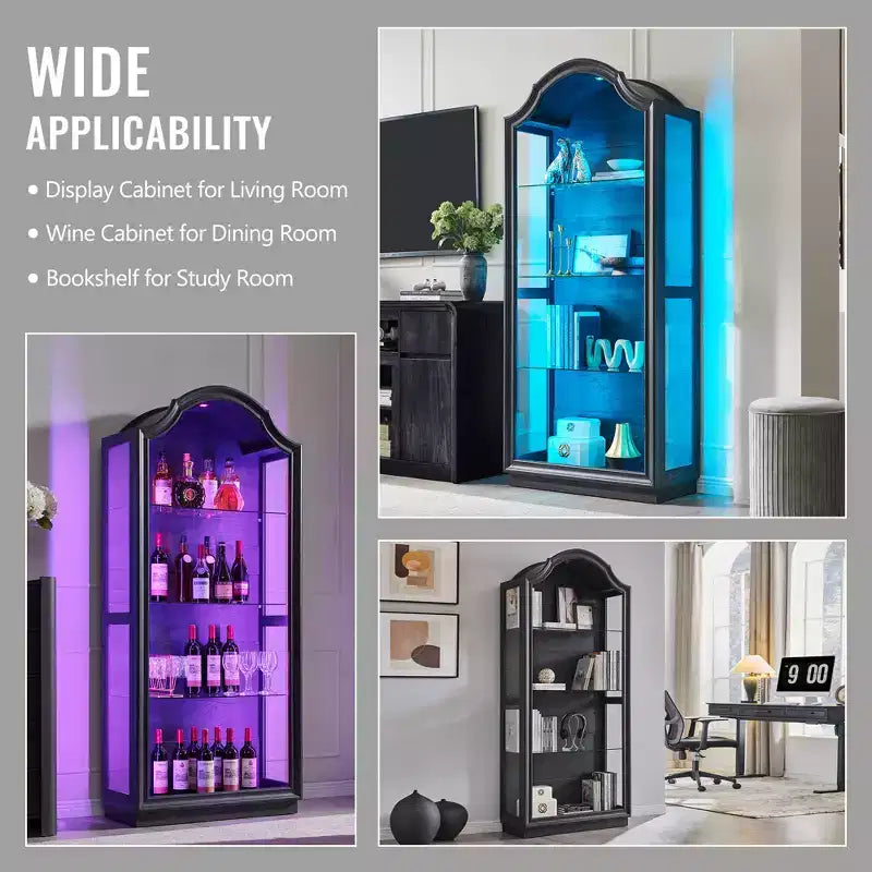 Dispensa da cucina ad arco da 72 pollici, vetrina a 4 ripiani in vetro con 20 luci LED colorate, espositore moderno per soggiorno