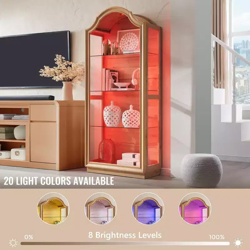 Dispensa da cucina ad arco da 72 pollici, vetrina a 4 ripiani in vetro con 20 luci LED colorate, espositore moderno per soggiorno