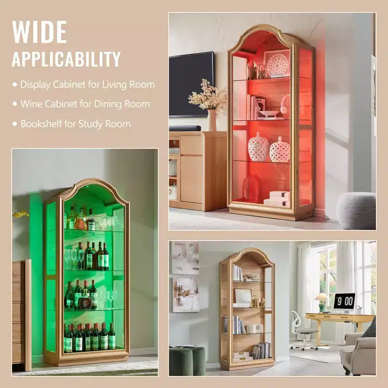 Dispensa da cucina ad arco da 72 pollici, vetrina a 4 ripiani in vetro con 20 luci LED colorate, espositore moderno per soggiorno