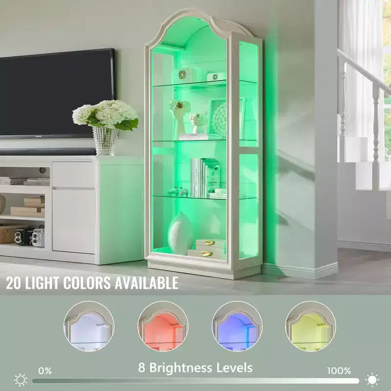 Dispensa da cucina ad arco da 72 pollici, vetrina a 4 ripiani in vetro con 20 luci LED colorate, espositore moderno per soggiorno