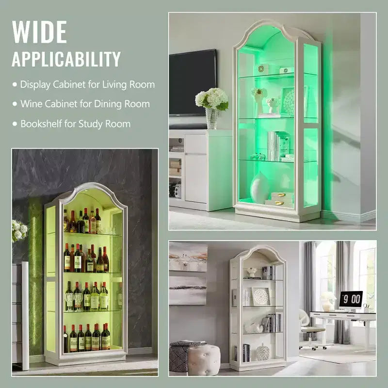 Dispensa da cucina ad arco da 72 pollici, vetrina a 4 ripiani in vetro con 20 luci LED colorate, espositore moderno per soggiorno