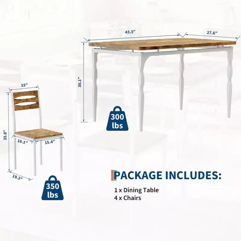 COZONY Set di 5 Pezzi Tavolo da Pranzo, Tavolo e Sedie da Cucina per 4 in Stile Industriale, Design Rustico Moderno con Gambe in Metallo, Salvaspazio Compatto