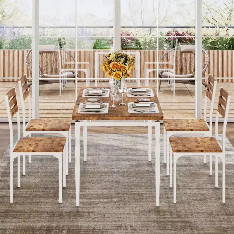 COZONY Set di 5 Pezzi Tavolo da Pranzo, Tavolo e Sedie da Cucina per 4 in Stile Industriale, Design Rustico Moderno con Gambe in Metallo, Salvaspazio Compatto