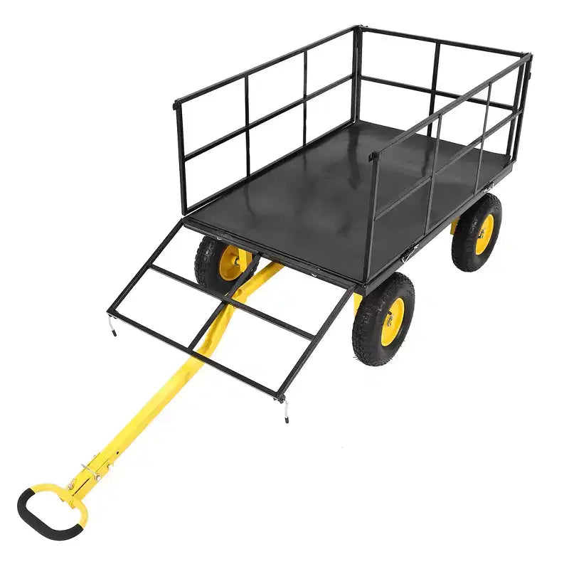 Carrello da giardino in acciaio da 1400 libbre resistente Carrello da giardino 2 in 1 con sponde a rete rimovibili, 13 pneumatici per tutti i terreni e manico a 180°